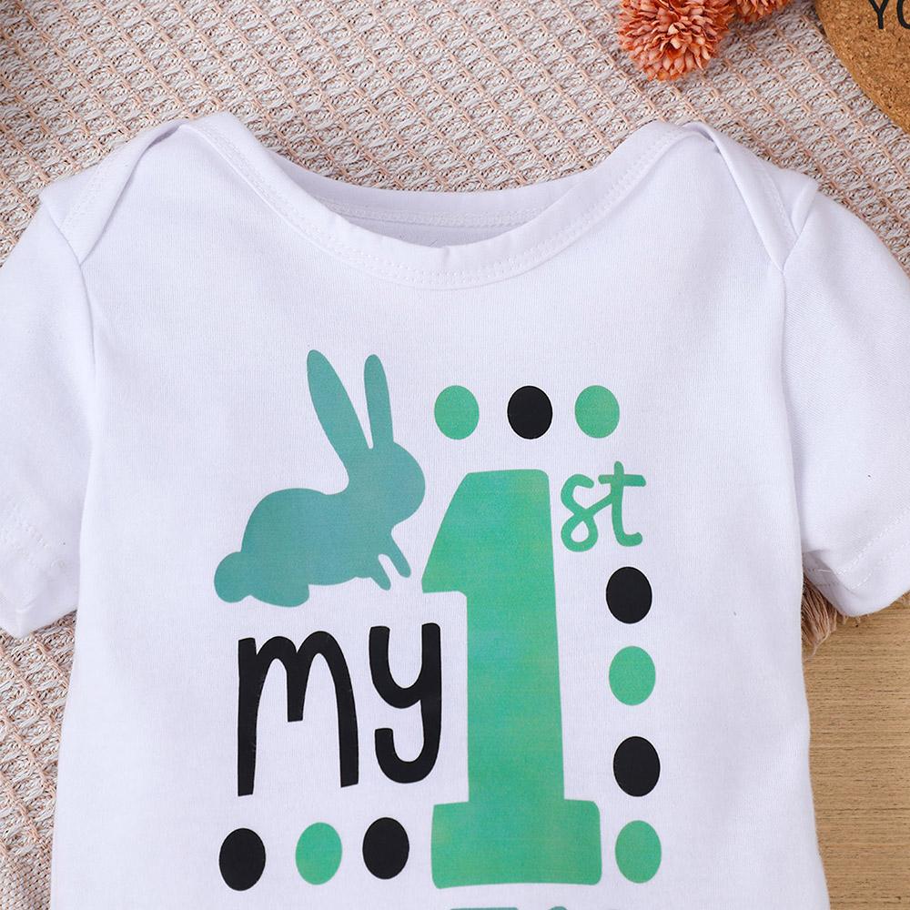 1-18 Months Baby White "My 1st EASTER" Printed Short Sleeve Triangle Jumpsuit