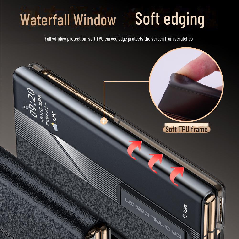 Husă din piele pentru Huawei MateXT: Pliere în trei, din piele naturală de vită Nappa, cu model perforat, cu fereastră inteligentă și suport.