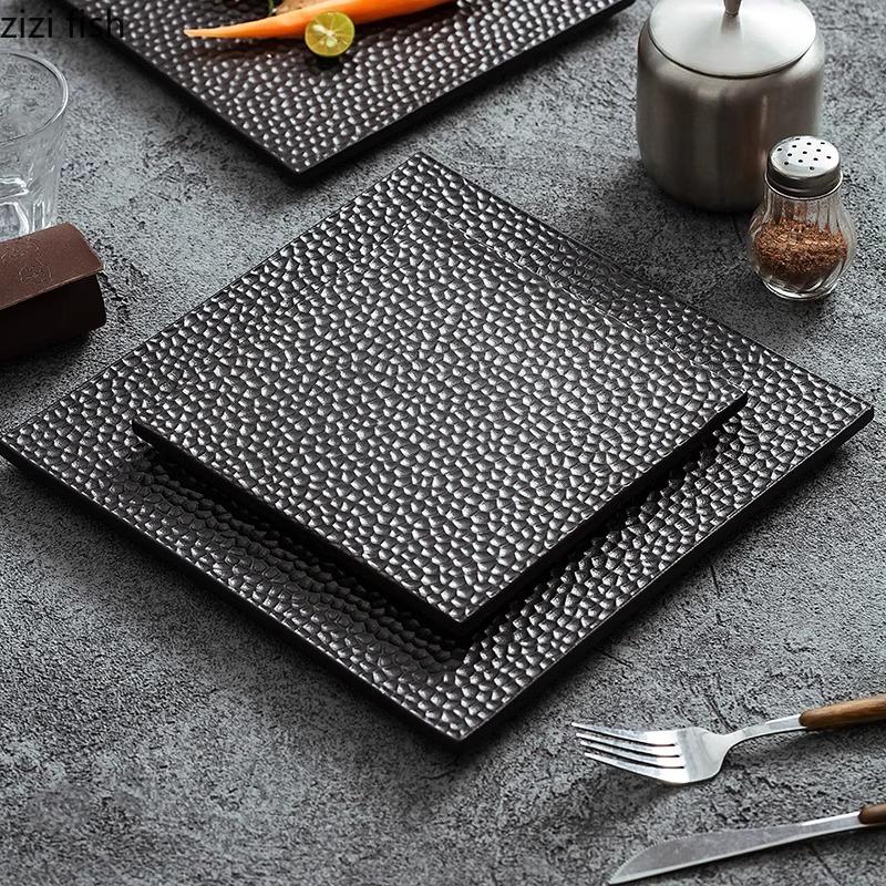 Black Ceramic Steak Plate Creative Honeycomb Texture Flat Plate Sushi Plate Dessert Dish Service Plates Specialty Tableware