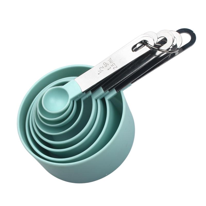 8-Piece Set: Stainless Steel Handle Plastic Measuring Cups & Spoons with Scale for Baking, Seasoning, and Coffee.