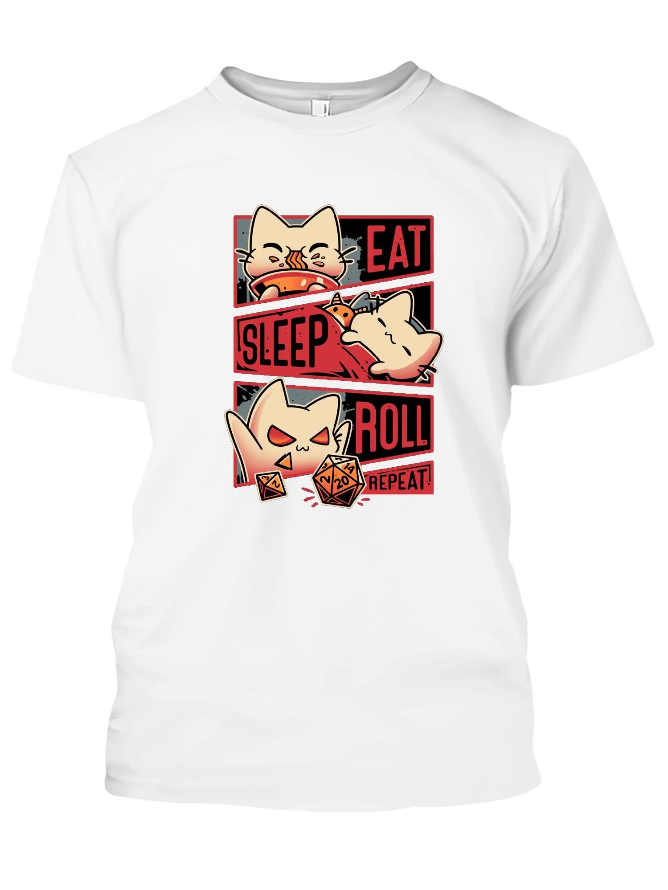 Eat Sleep Roll Repeat Character Dice Gaming Playful Design TShirt 100 Cotton ONeck Short Sleeve Summer Casual Mens Tshirt S