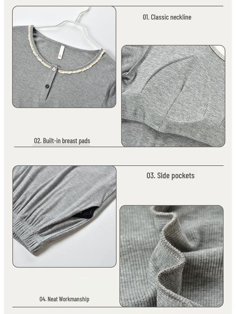 New Women's Grey Casual Modal Pajama Set - Long Sleeve Pullover with Chest Pads and Long Pants for Spring and Autumn