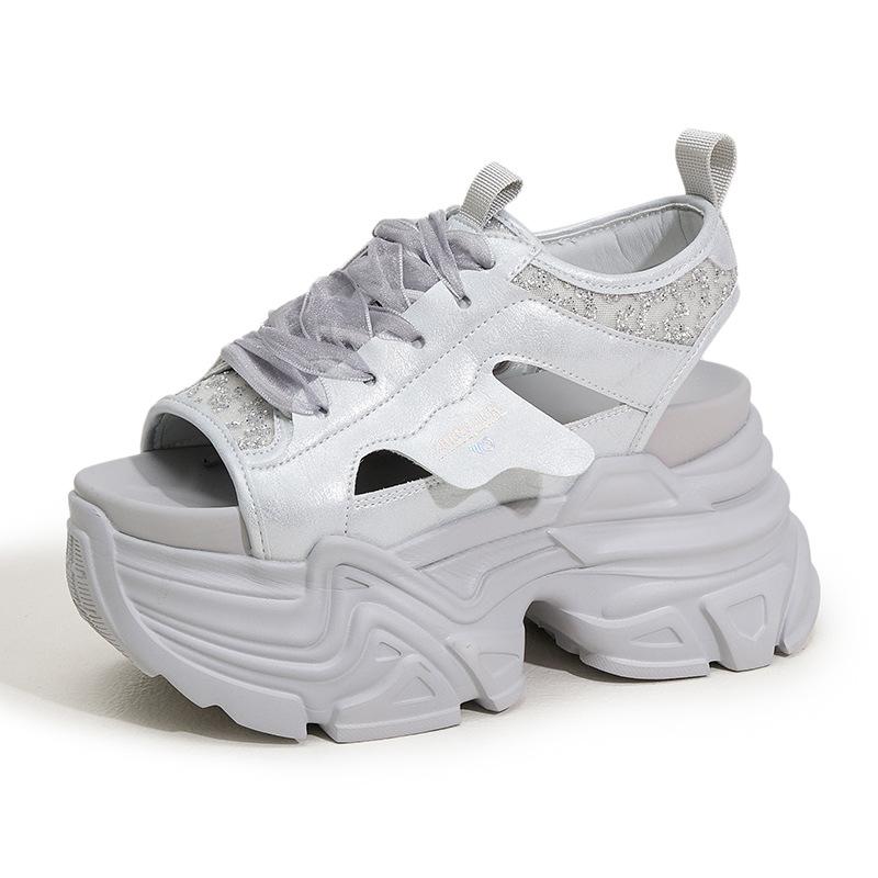 Fashion 9CM Synthetic Microfiber Leather Summer Hollow Platform Wedge Women Sandals Flats Chunky Sneakers Bling Vulcanize Peep Toe Shoes