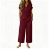 Women's Loose Fit Casual Embroidered Linen Set Short Sleeve Top with Wide Leg Pants Lightweight Summer Outfit