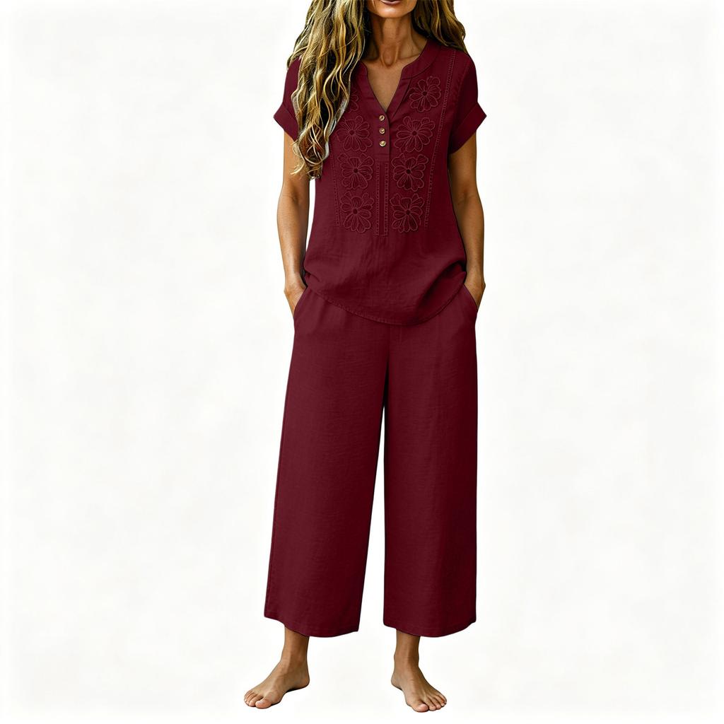 Women's Loose Fit Casual Embroidered Linen Set Short Sleeve Top with Wide Leg Pants Lightweight Summer Outfit