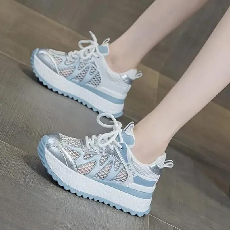 Fashion 7CM Women Summer Spring Air Mesh Shoes Mules Shoes Hollow Chunky Sneaker Slides Sandals Platform Wedge Microfiber Platform Wedge
