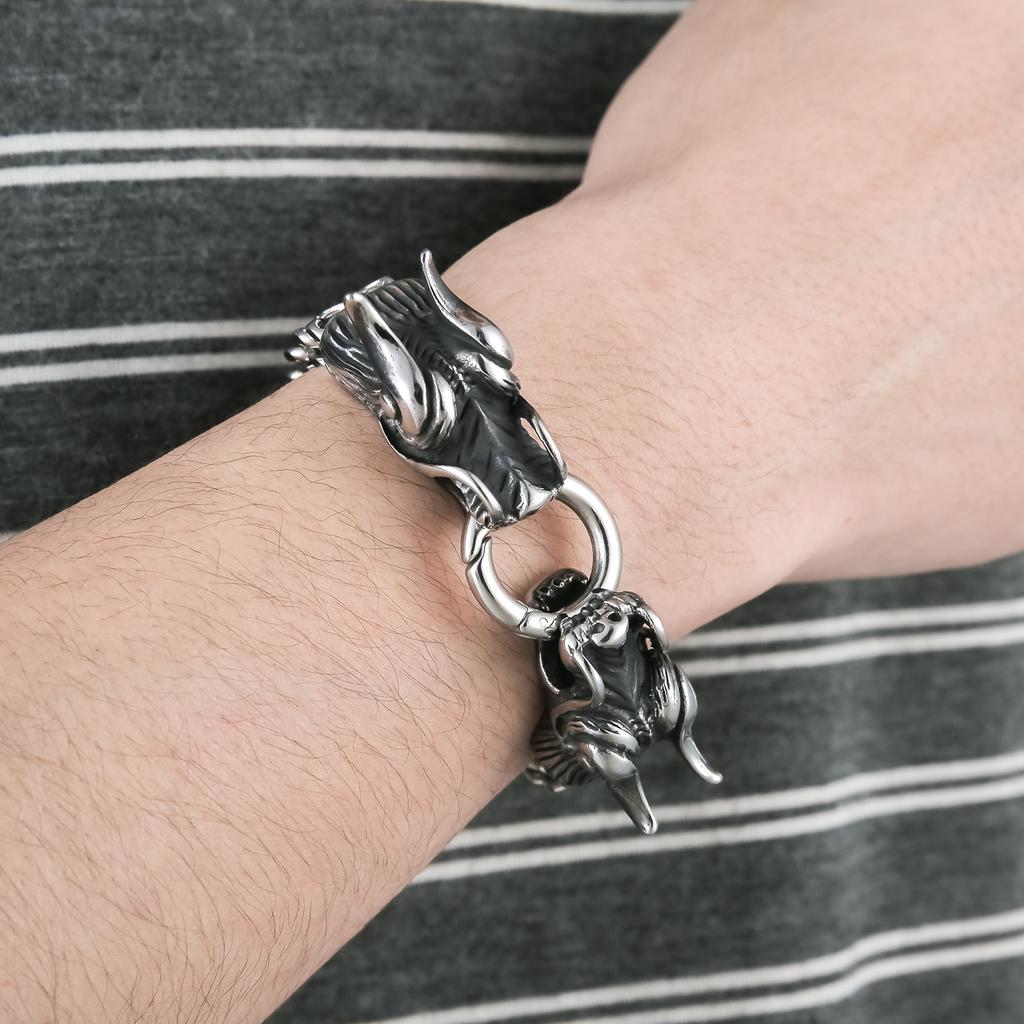 Trend Jewelry Domineering Double Dragon Head Buckle Men's Bracelet Stainless Steel Casting Multi-layer Bracelet