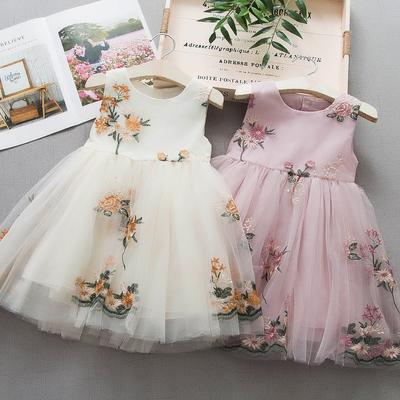 Foreign Summer-Style Fancy Embroidery Flower Lace Gauze Dresses for Girls Kids Colthes