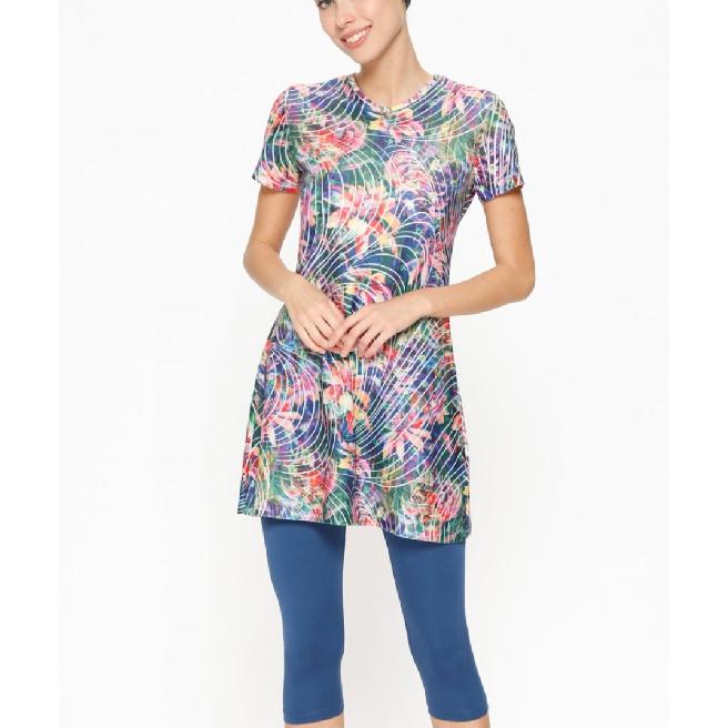 

Summer Banana Leaf Swimwear Set Print - Short Sleeve Tunic and Cropped Leggings Set - Muslim Swimwear - Beachwear - Summer Burkini S бежевий