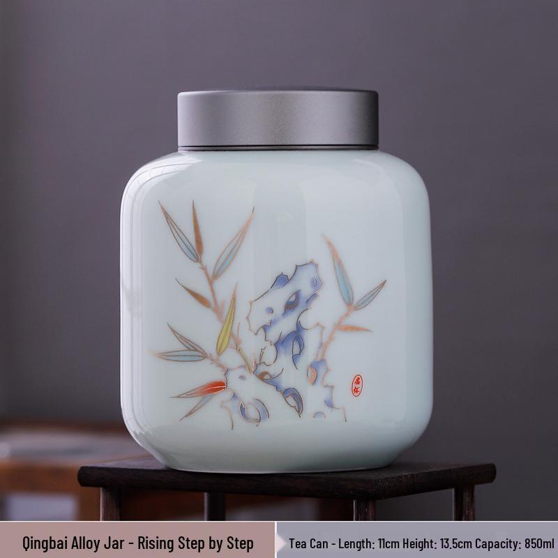 Large Ceramic Tea Storage Canister for Red, Green, Longjing, Biluochun, and Pu'er Tea - Half Jin Capacity
