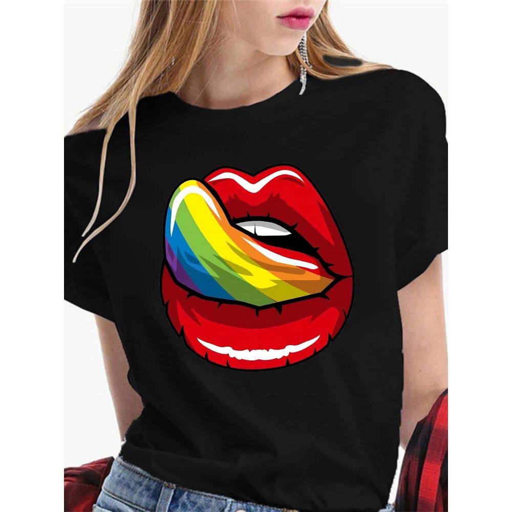 Fashion Sexy Red Lip Women T Shirt Funny Kiss Lips Print Ladies T-shirt Casual Basis O-collar Short Sleeves Female Tops Tees