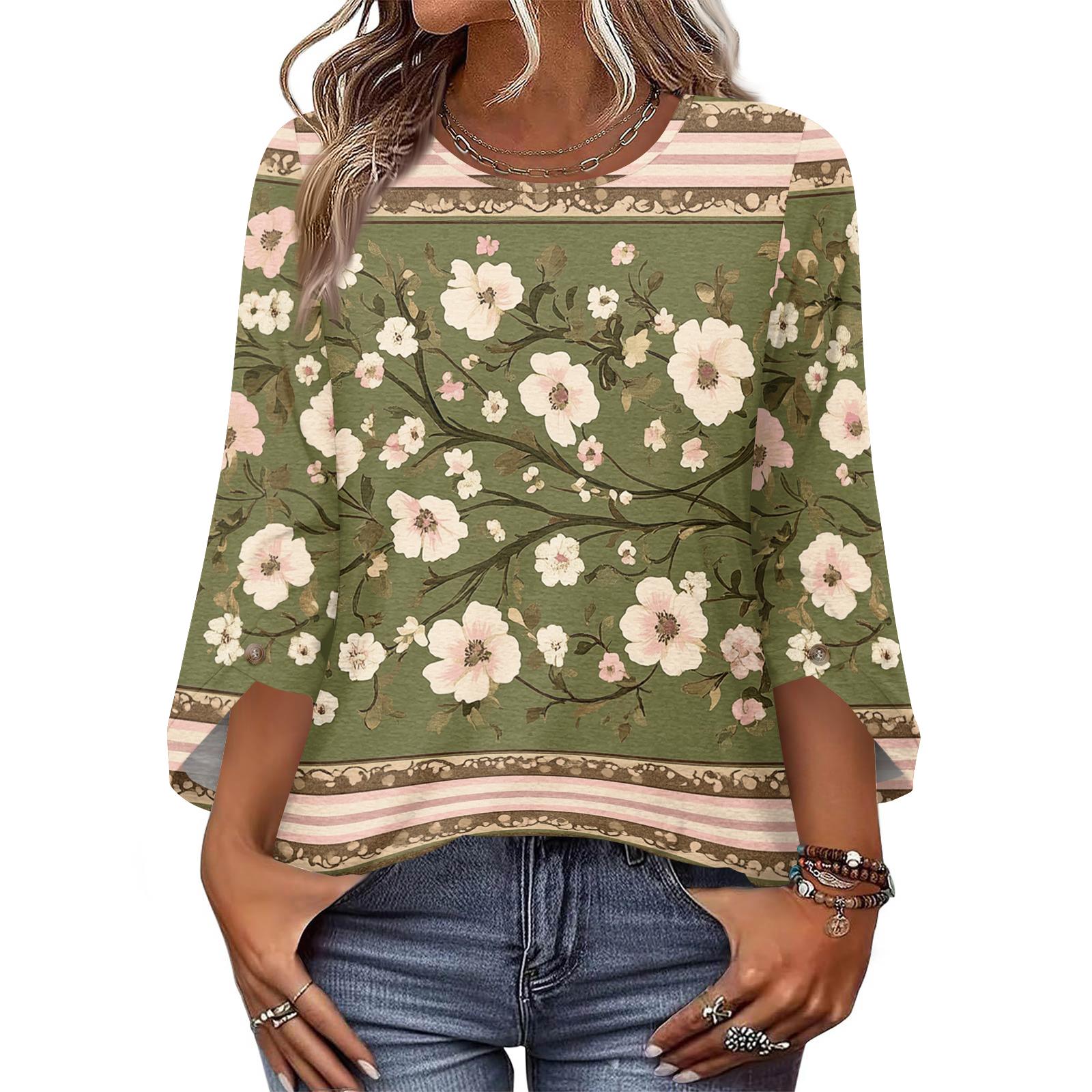 

Womens Tops 3/4 Length Sleeve Dressy Casual Blouses For Women Trendy Round Neck T Shirts L армия зеленый