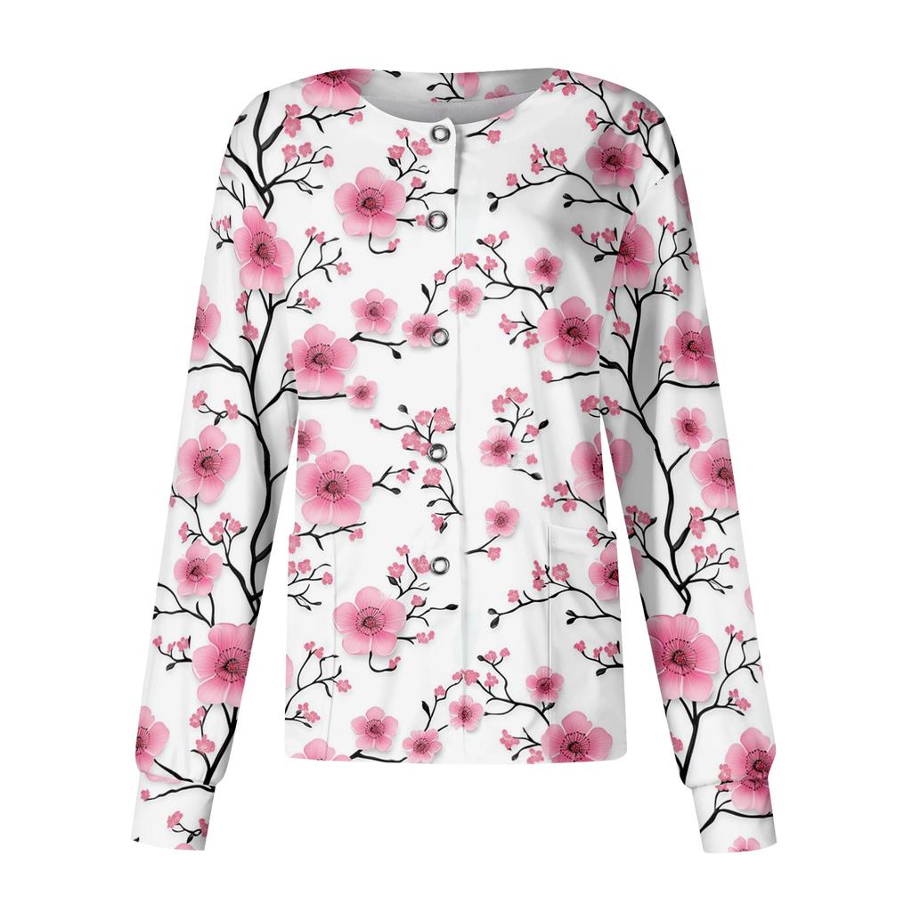 Women Long Sleeve Casual Cardigan Floral Print Button Front Lightweight Open Front Workwear Top