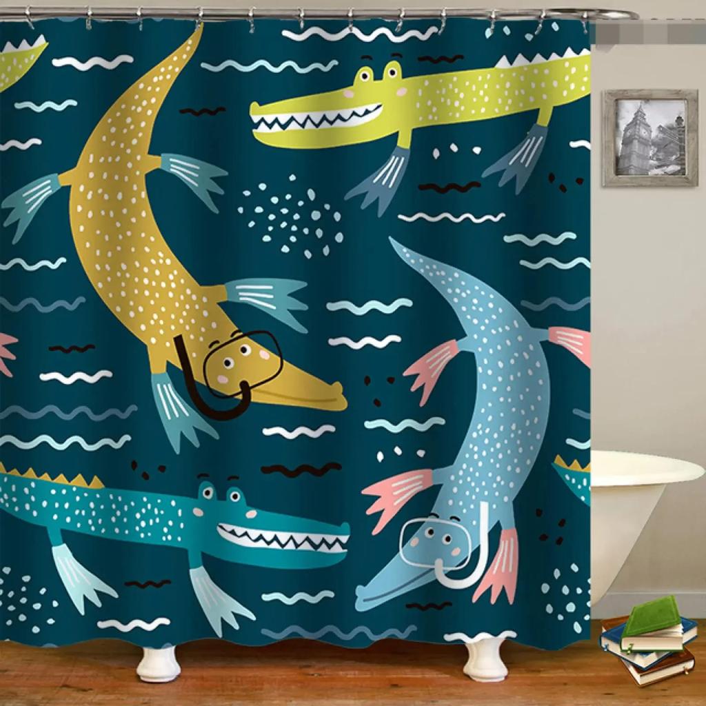 Cartoon Style Animal Shower Curtain Funny Crocodile Kids Shower Curtain Waterproof Fabric Bathroom Decor Screen with Hooks