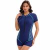1011 New Swimsuit Women's Sports One-piece Color Matching Flat Angle Conservative Short Sleeve European and American Swimsuit