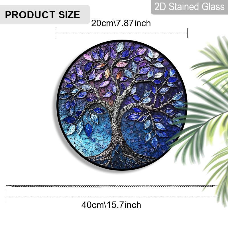 2D Flat Stained Glass Tree of Life Window Decoration, 7.87inches Blue Purple Elegant Design Colored Glass Plate with Chain, Charming Spring Summer