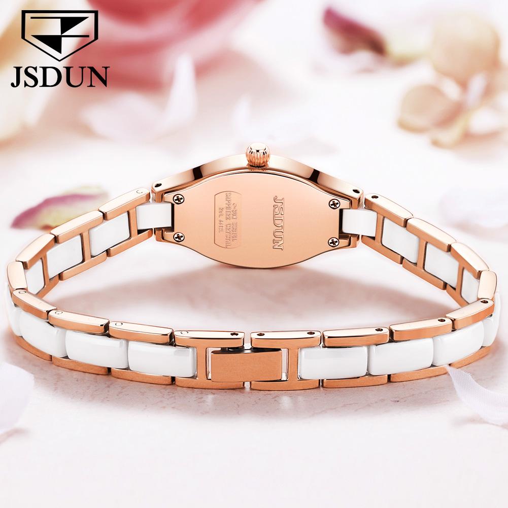 JSDUN Schweizer Quarzuhr für Damen Elegante Luxus-Roségold Keramik Stahlarmband Mode Ovales Diamantzifferblatt Armbanduhren 8842