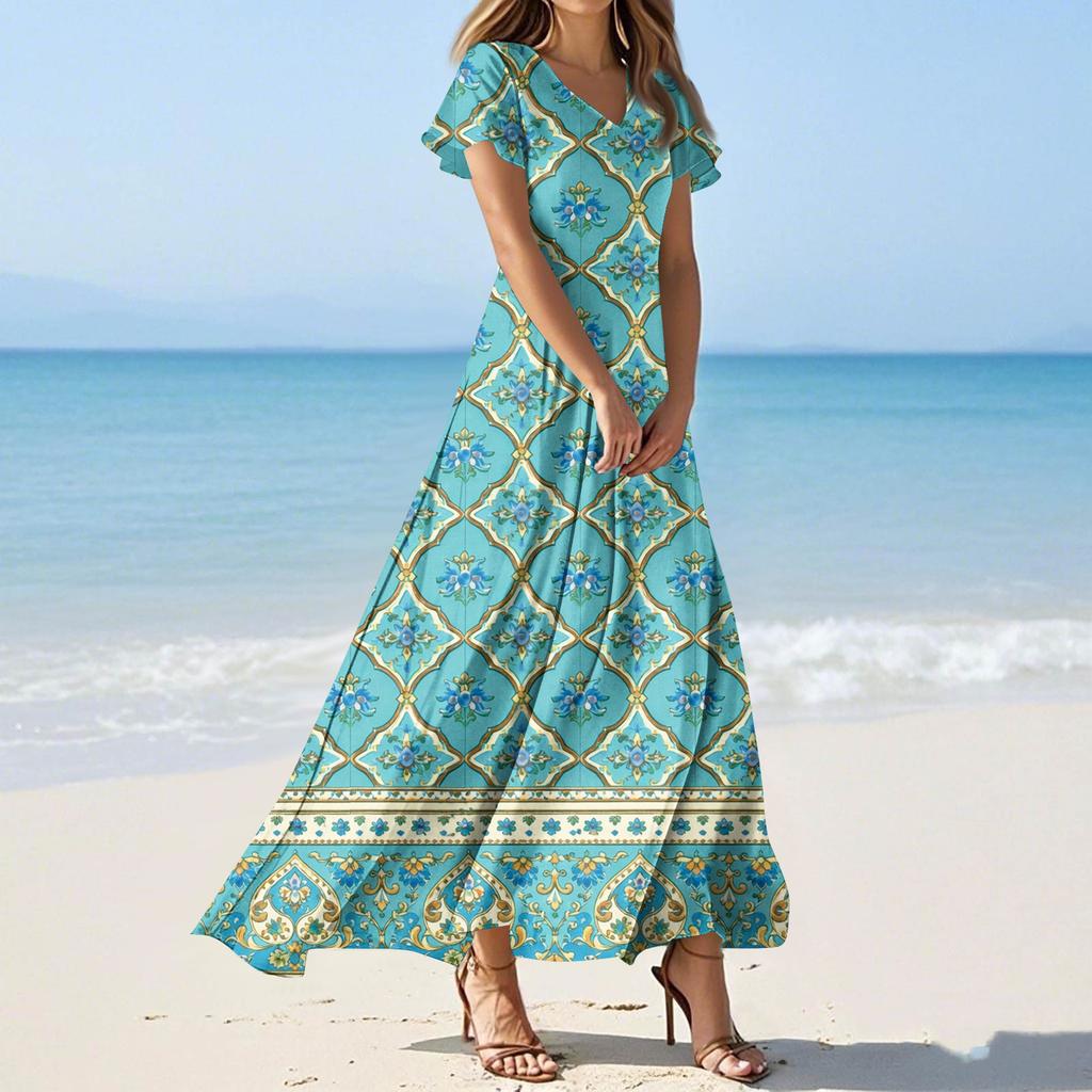 Vestidos casuales de verano para mujer, con estampados de colores y cuello en V y manga corta