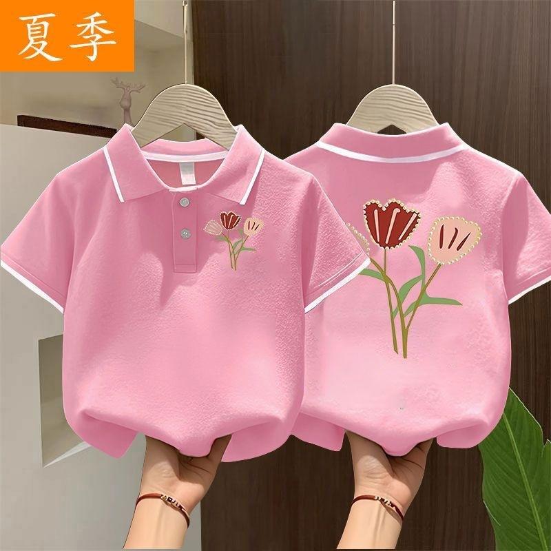 Girls Summer Korean Unique Print Polo Shirt Baby Short Sleeve Collar Top Breathable Casual Tee