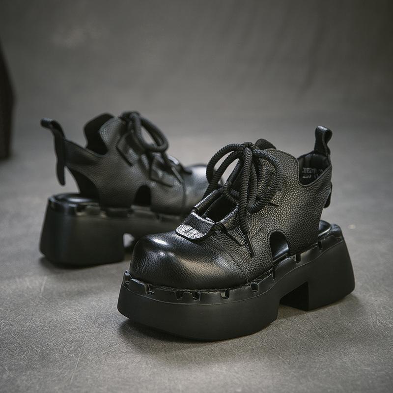 Johnature Retro Sandały z Prawdziwej Skóry z Wycięciami Okrągły Nosek Sznurowane Gruba Podeszwa Buty Damskie