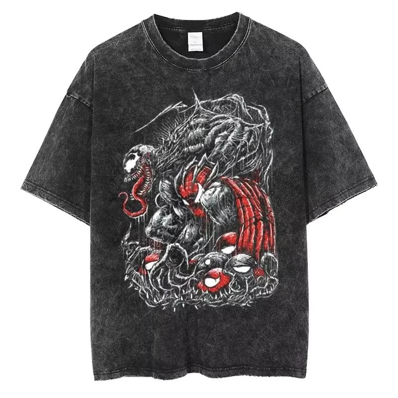Vintage Venom Graphic T-Shirt Men Retro Green Venom Print Washed Black Oversized Tee 2026 Movie Streetwear Hip Hop Cotton Tops