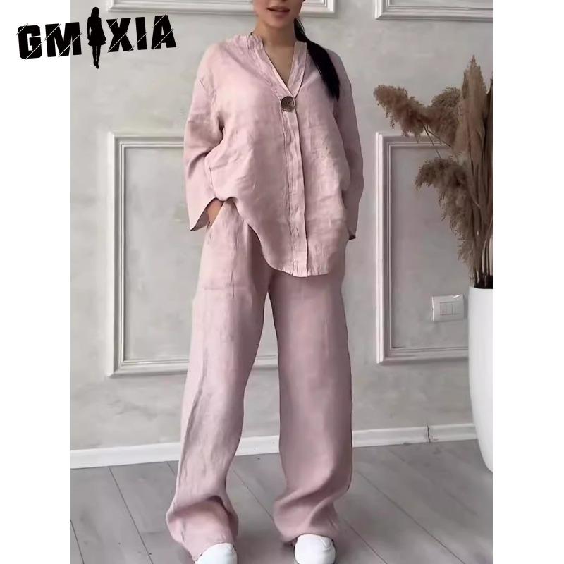 

GMXIA Fashion Женский Удобный Свободный Топ Брюки с Широкими Штанинами Повседневный Костюм из Хлопка и Льна XL королева розовый