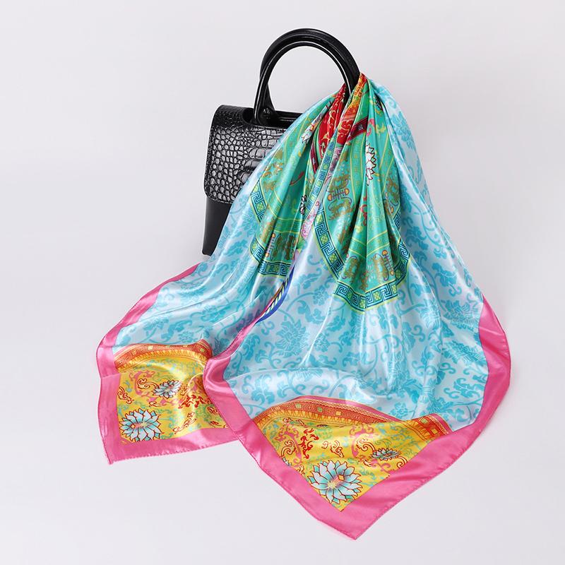 Luxury Satin Square Scarf For Women Muslim Hijab Elegant Flower Silk Neckerchief Shawl Wraps Headband Bag Handle Bandana Turban