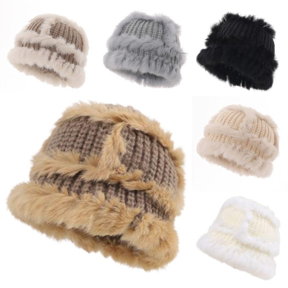 

Cute Bucket Hat Plush Female Hats Portable Winter Knitted Hat Couple