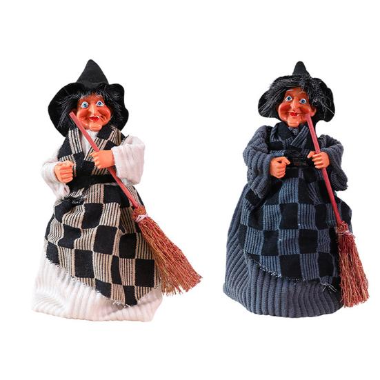 Halloween Witch Doll Standing Witch Figure Holding Broomstick Desktop Spooky Witch Figurine for Halloween Party Mantel Dining Table Decor