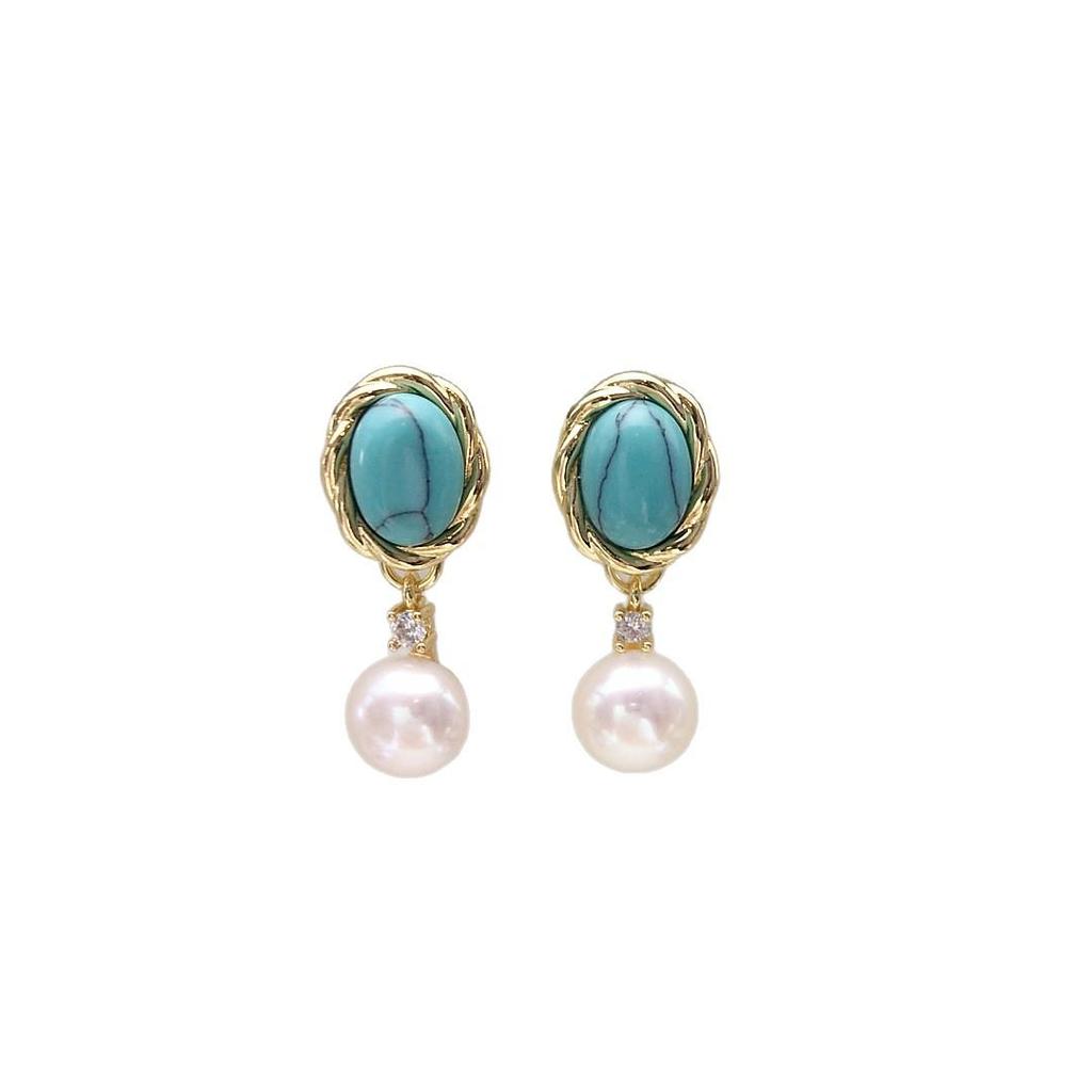 Natural Freshwater Pearl & Turquoise Earrings - Retro Court Style