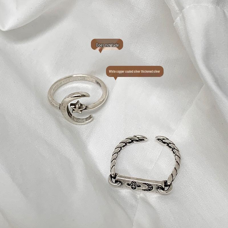 Korean Star Moon Sterling Silver Ring - Non-Fading Design for Women