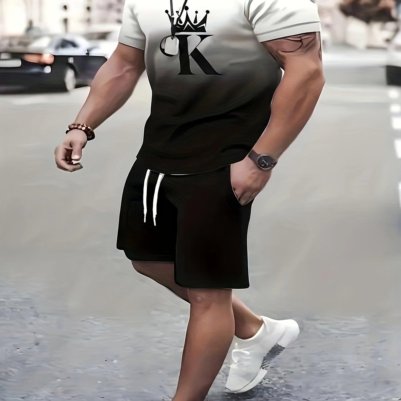 

Мужская футболка и шорты больших размеров с графическим принтом в виде букв K и короны для лета, комплект из 2 предметов для занятий спортом на открытом воздухе 6XL