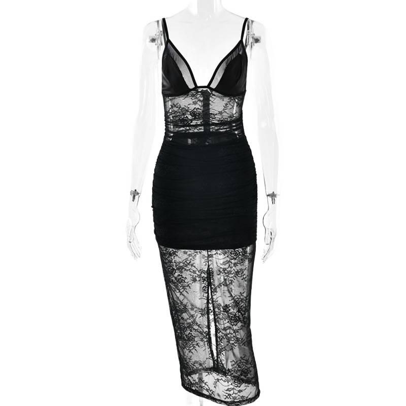 2026 European & American Spring/Summer Women's Sexy Deep V Lace Backless Spaghetti Strap Slim Fit Dress