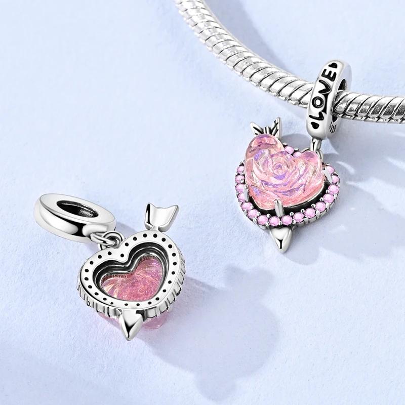 Charms Copperpink Rose Arrow Heart-Shaped Beads Fit Charms Plataoriginal Bracelet Beads Women Jewellery Making Diy