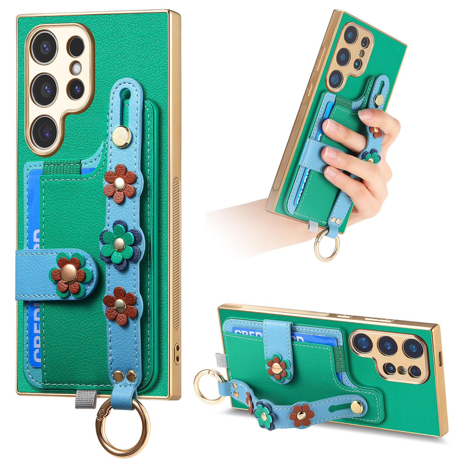 

For Samsung Galaxy S25 Ultra Case with Card Holder Wristband Leather Back Cover 3D Flower Design Green