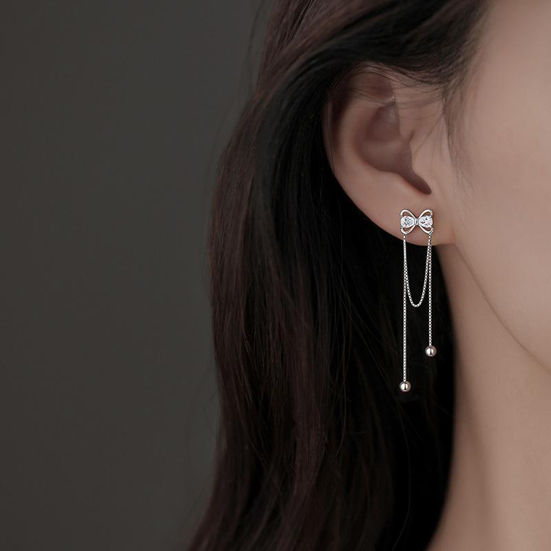 Long Bow Tassel Earrings Femininity Muse Internet Celebrity Delicate Diamond Double Face Skinny Earrings