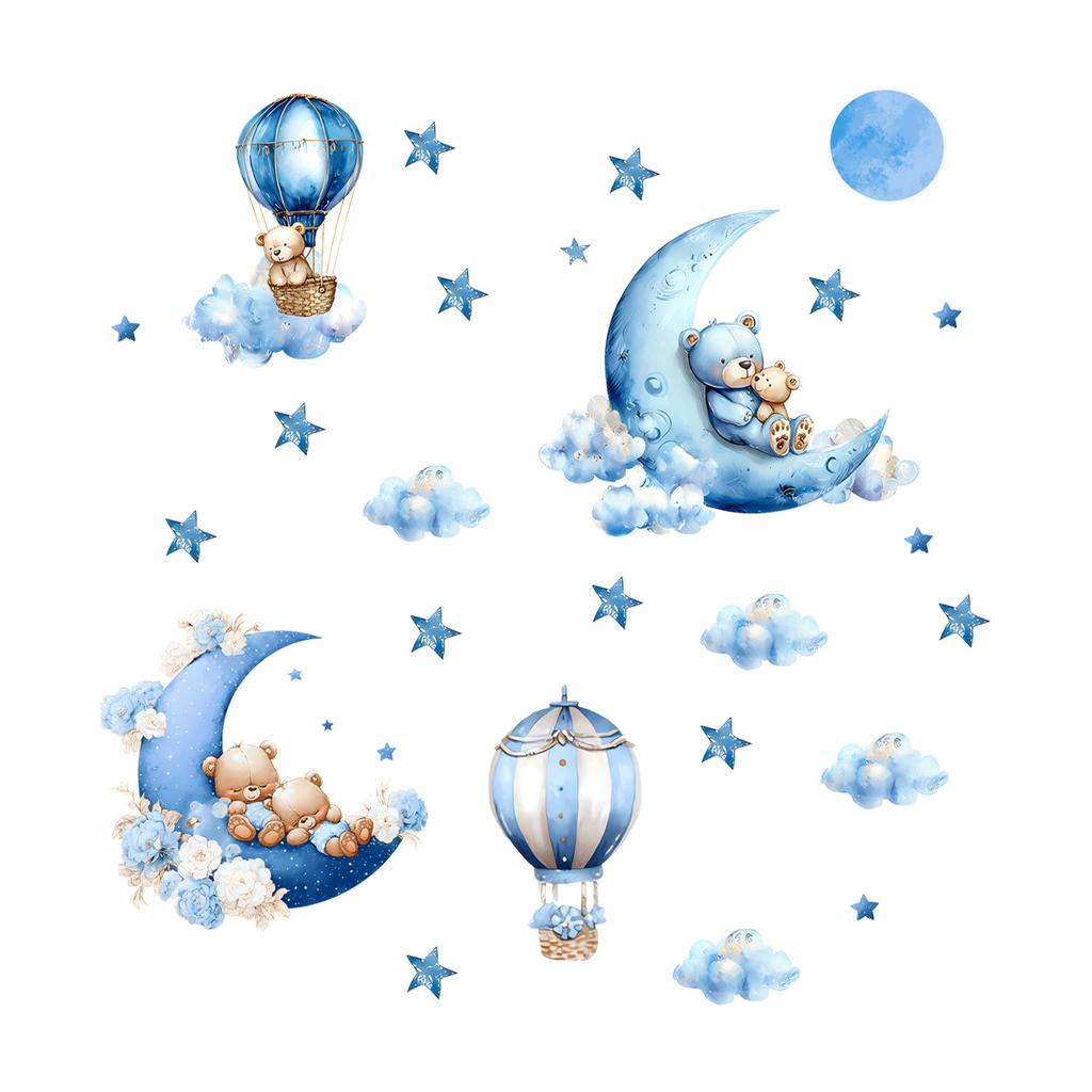 Cartoon Bear Moon Hot Air Balloon Wall Sticker Self Adhesive Decal for Kids Room Living Room Bedroom Home Decoration