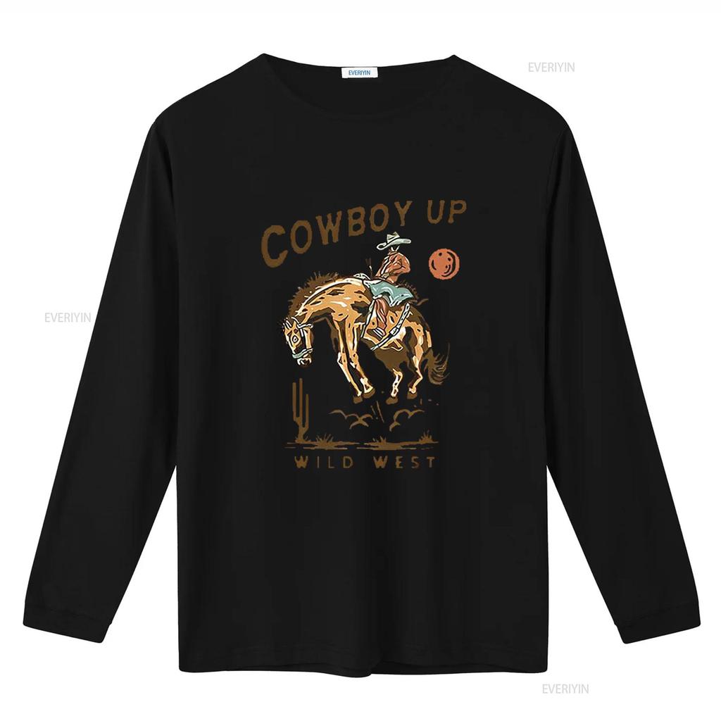 COWBOY UP WILD WEST American Retro Round Neck Womens T Shirt Black X Large vintage Washed Stretched Top For Everyday Wear
