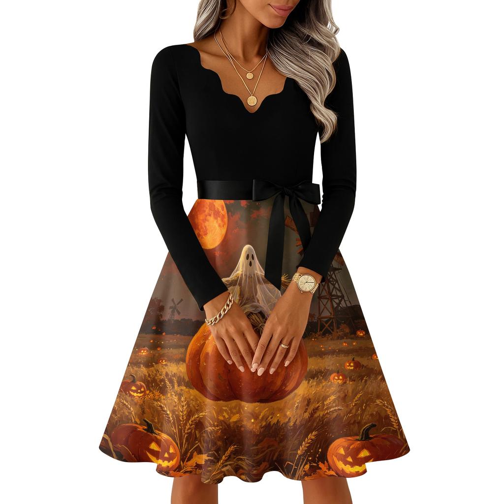 Women's Vintage V-Neck Long Sleeve Casual Halloween Print Dress