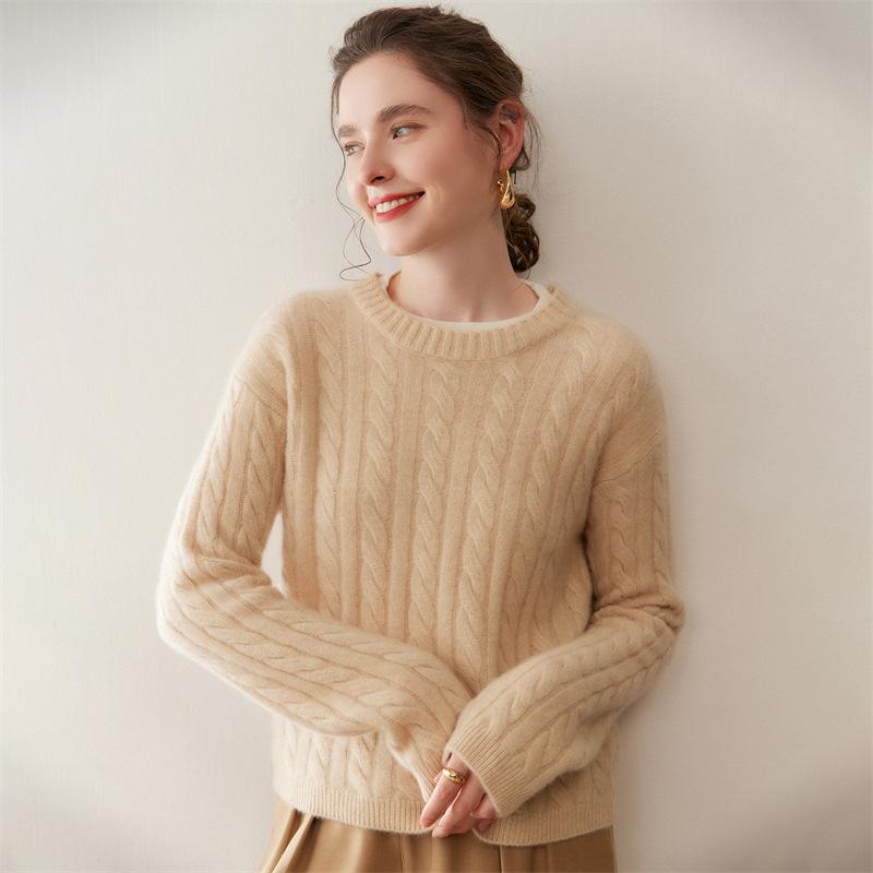 Elegant Women's Color-Block Cable Knit Cashmere Sweater, Round Neck Pullover, Autumn/Winter Style Base Layer Top