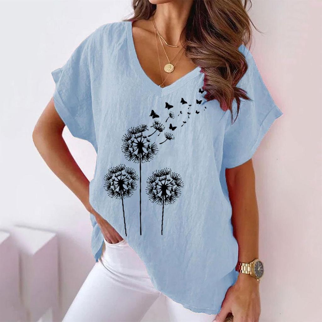 Plus-size Women's Plain Color V-neck Cotton and Linen Casual Bat Short-sleeved T-shirt for Women