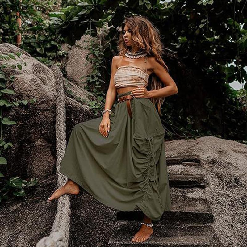 

Женская повседневная юбка-полуюбка 2024 года с завязками на завязках, большими карманами, свободная длинная юбка из органического хлопка в стиле бохо XL армия зеленый