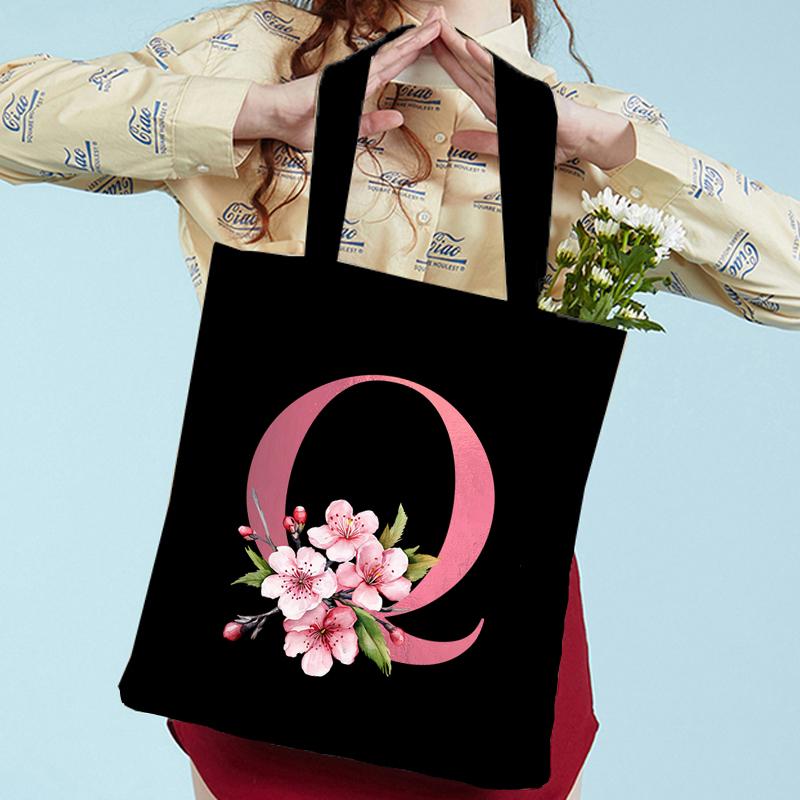 Pink Sakura Handbags Women Eco Reusable Tote Bag Cherry Blossom College Canvas Bag Vintage Sakura Alphabet Ladies Shoulder Bag
