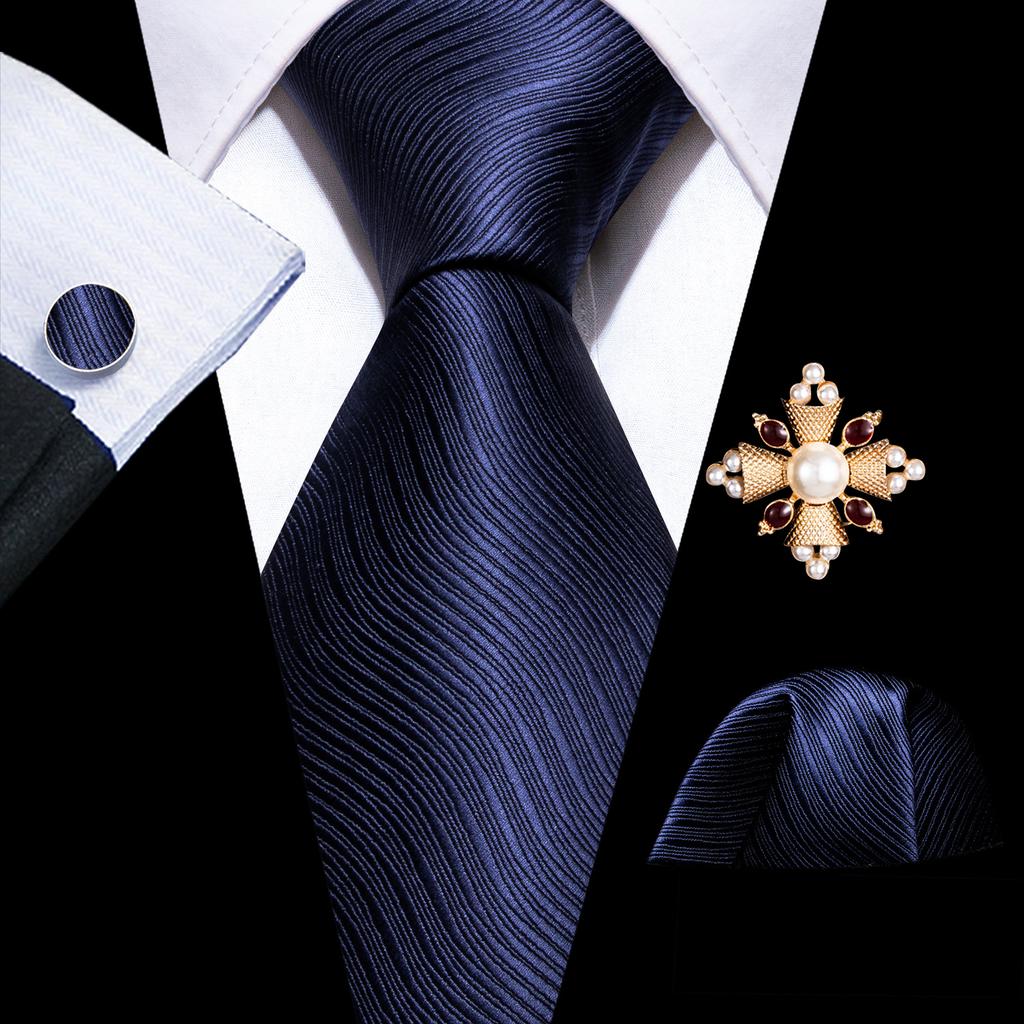 Pearl Brooch with Silk Tie for Men Vintage Floral Teal Necktie Hanky Cufflinks Gift Formal Set