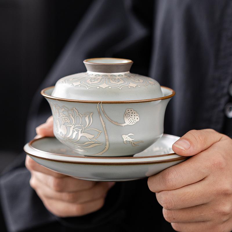 

Ru kiln opening can raise painted silver three talents cover bowl hover can rotate single home office tea bowl 200ml
