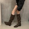 French Retro Brown Pile Boots Western Boots Early Autumn Small Khaki Boots Thick Heel High Boots Women's Boots