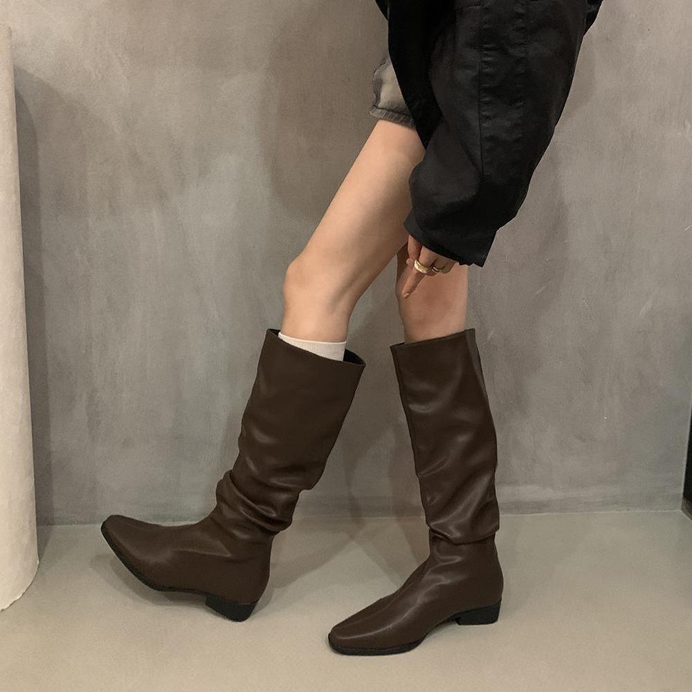 French Retro Brown Pile Boots Western Boots Early Autumn Small Khaki Boots Thick Heel High Boots Women's Boots