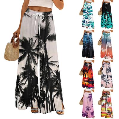 Women Summer Boho Palazzo Pants High Waist Wide Leg Rinting Casual Trousers With Pockets