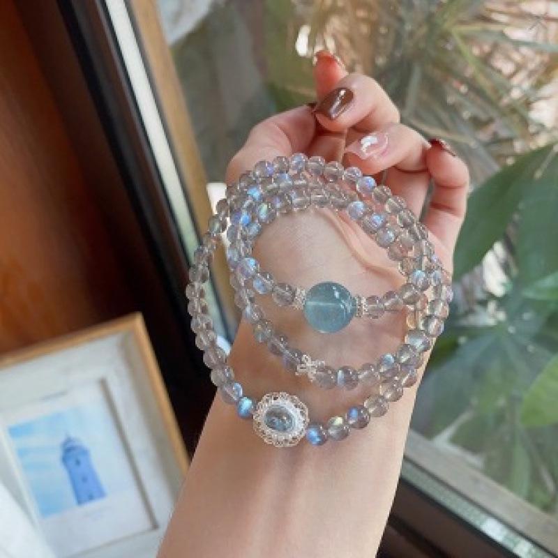 Natural Gray Moonstone Labradorite Aquamarine Triple Beaded Bracelet Necklace for Women - High Shine