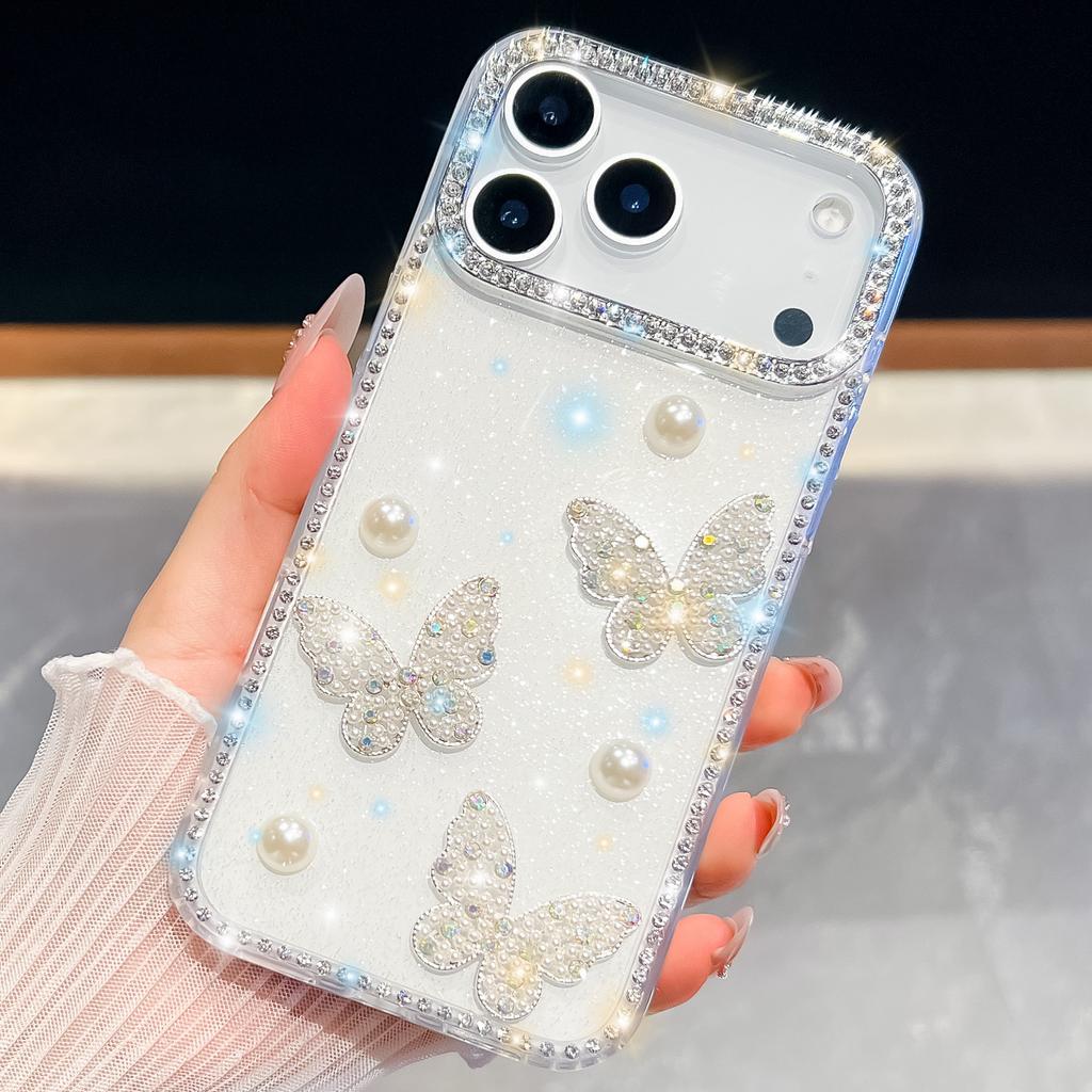 Jewelled Border Pearl Butterfly Glitter Phone Case for IPhone 17 Air 16E 17 16 15 14 13 Pro Max Transparent Cover